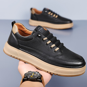 Baskets décontractées en cuir noir pour hommes, talon bas, semelle en caoutchouc, chaussures de loisirs tendance - Product Image 3