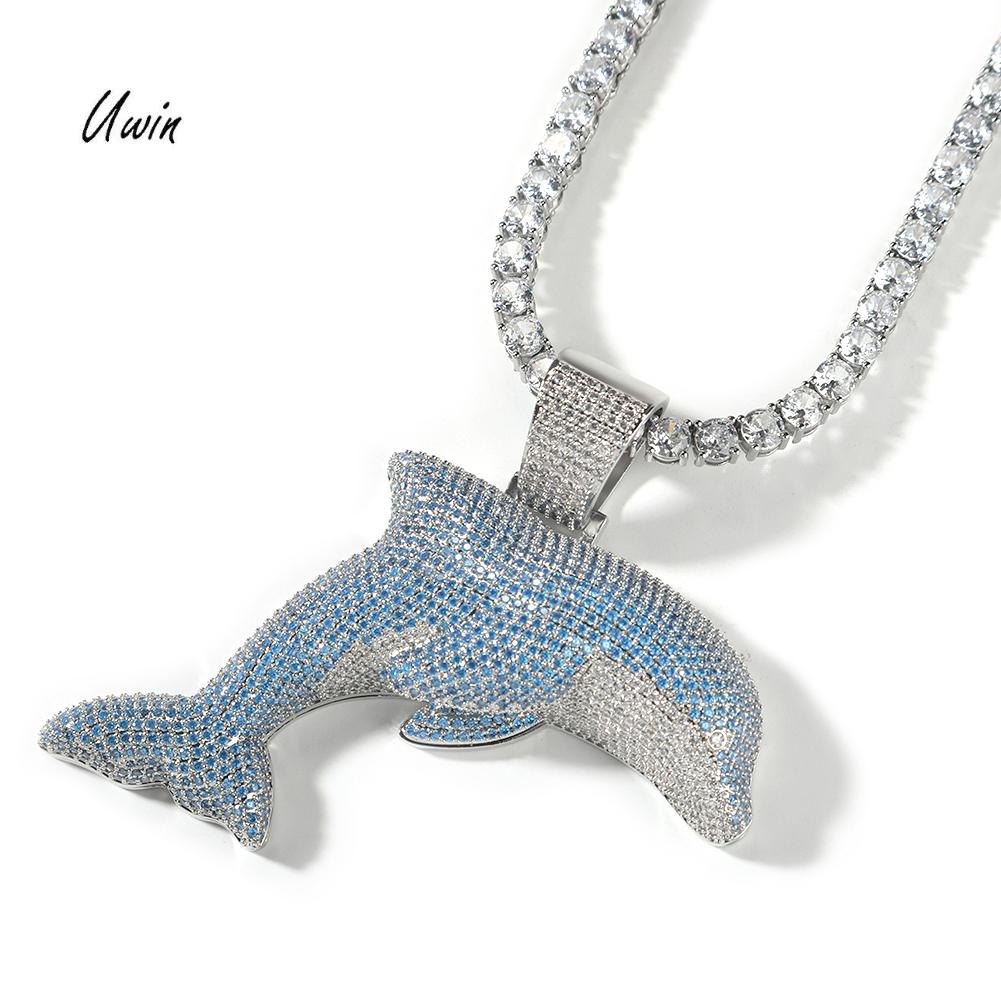High Quality Larger Size Blue CZ Dolphin Necklace Iced Out Dolphin