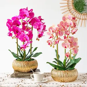 Flores de orquídea borboleta artificial com vaso dourado, vasos de plantas de alta qualidade, impressão 3D, toque real, PU