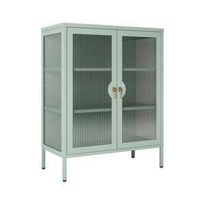 Buffet de rangement moderne de luxe en acier noir pour salon avec 2 portes vitrées et étagères de présentation - Product Image 2