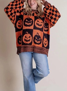 Customizable <strong>Women's</strong> Knitted <strong>Halloween</strong> Sweater for Winter Spooky Season <strong>Jumper</strong> with Checkered Ghost Jack O Lanterns Pumpkins - Product Image 4