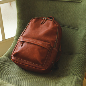 Genuine Leather <b>Backpack</b> <b>Brown</b> Unisex Laptop <b>Backpack</b> Commuter Travel Bag Solid Color Shoulder Strap Winter 2023 - Product Image 3