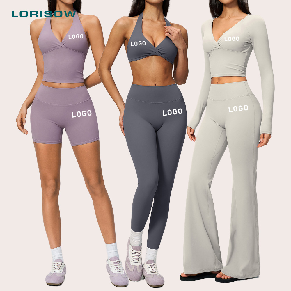 LORISOW Wholesalers Gym Fitness V Neck Long Sleeve Sports Wear High Waist Legging Plus Size Custom Yoga Set 6 Piece Activewear