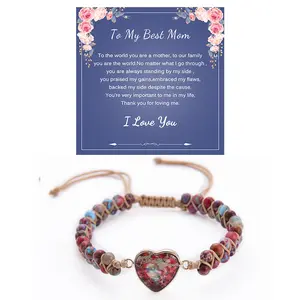 Natural Emperor's Stone Healing Stone Bracelet with Dangle Heart Charm Stretch Bracelets with Greeting Card for Unisex