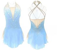 Robe de patinage artistique personnalisée pour femmes et filles, tenue de patinage sur glace, dégradé bleu, vêtements d'entraînement de danse, faite à la main, classique, ornée de cristaux