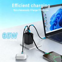 Chargeur portable DENIXI 65W QC3.0 2Type-C, chargeur de voyage pratique, adaptateur secteur USB avec câble extensible