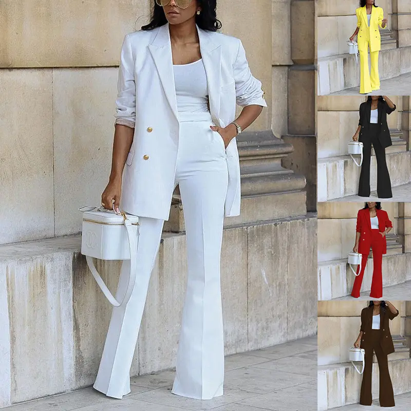2022 Casual Office Lady Solid Blazer flared trouser Set Fall winter women Business office Suit High Waist Blazer Pant suits