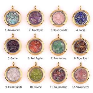 Mode couleur Tourmaline 25mm or rond en acier inoxydable pierre concassée boîte pendentif collier bijoux breloque collier personnalisé - Product Image 6