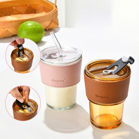450ml glazen waterfles met deksel, rietje, aangepaste logo, koffie/melkbeker voor buiten, bruiloft, feest, cadeau, mok, lederen hoes, drinkgerei