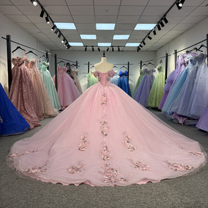 Robe de Quinceañera rose scintillante avec appliques en dentelle et fleurs 3D, épaules dénudées Dy6756 - Product Image 6