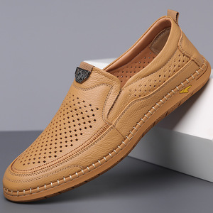 Chaussures bateau pour homme en cuir véritable, à enfiler, bout rond, respirantes, semelle en caoutchouc, chaussures décontractées d'été - Product Image 1
