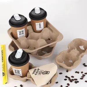 Portavasos moldeado de pulpa biodegradable desechable para café, té, bebida caliente, soporte para vasos de papel para llevar, bandeja para 2/4 tazas