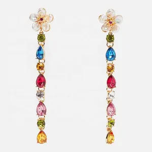 8.5cm Long High Quality Alloy Gold Plate Dangle Rainbow Crystal Beaded Earrings