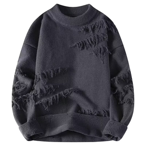 Men's Ripped Knitted <b>Pullover</b> <b>Sweater</b> Solid Color Long Sleeve Crew Neck Autumn Wear - Product Image 1