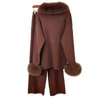 Ensemble Luxe Décontracté Deux Pièces en Laine Tricotée pour Femme Automne-Hiver, Pull et Pantalon, Col et Poignets en Véritable Fourrure de Renard, Motif Uni, Coupe Ample