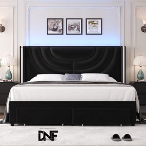 Кровать с полной обивкой, LED-подсветкой, регулируемая, с 2 ящиками для хранения, велюровое изголовье с бортиками, металлические ламели, без пружинного блока - Product Image 1