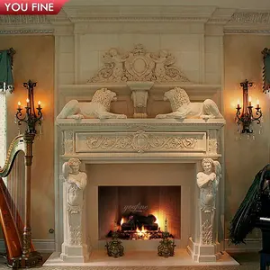 Custom Carved Natural Cream Marble Double Fireplace with Lion Manufacture