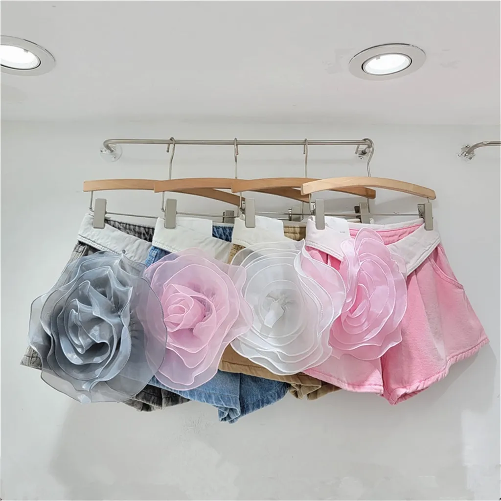 ZHEZHE Trendy 2024 Fashion Unique Streetwear Sexy Washed Jean Three-dimensional Flower Shorts Lady Irregular Denim Shorts Women