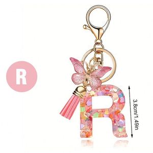 Porte-clés tendance rose avec lettres de l'alphabet, cœur, sequins, papillon, pompon et pendentif en cristal époxy pour femme - Product Image 5
