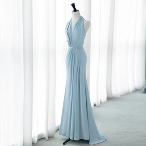 Abito <span class=keywords><strong>da</strong></span> <span class=keywords><strong>Cerimonia</strong></span> Blu con Scollo a V, Elegante, Schiena Scoperta, Stile Sirena/Tromba, Lunghezza a Terra, 100% Cotone, con Cristalli, Antistatico - Product Image 3