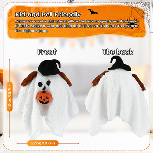 Bolsa de tratamiento de Halloween, fantasma de cara aterradora suave blanca con sombrero mágico negro que sostiene una calabaza vívida, perro fantasma de peluche relleno - Product Image 2