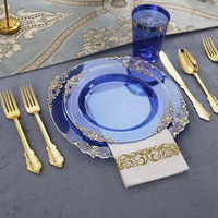 Assiette jetable en plastique PS transparente bleue avec motif dragon, couteau, fourchette et cuillère dorés