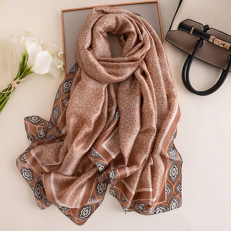 Wholesale 2020 new design silk bandana shawl wraps fashion brown vintage floral long size silk scarf women printed