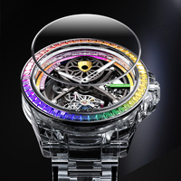 Montre automatique squelette tourbillon Bonest Gatti à lunette arc-en-ciel, boîtier transparent, verre saphir lumineux, étanche 3 ATM, modèle BG7002 – Meilleure vente