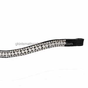 Bandeau de tête de cheval en cuir anglais noir incurvé décoratif avec cristaux et perles transparents, très vendu - Product Image 1