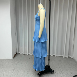 Summer New Arrival Women's Solid Color High-Waisted Elegant Fitted <b>Spaghetti</b> <b>Strap</b> Ruffled Pleated Dresses Fashion - Product Image 3