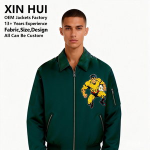 Blouson Bomber d'Hiver Personnalisé en Satin Vert Foncé Style Vintage avec Fermeture Éclair, Patch Graphique de Bande Dessinée, Blouson de Pilote Rétro Streetwear pour Homme, Service OEM - Product Image 3
