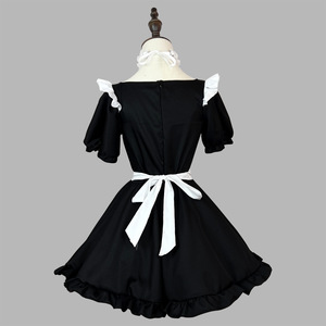 Maid Costume Dress Black Polyester Women Adult Anime Cosplay Outfit Solid Color Short Sleeve With Apron - Product Image 3