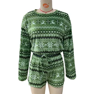 2024 new women christmas clothes hoodie set velvet long sleeve sweatshirt and shorts two piece sets green casual lounge wear set