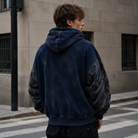 Sudadera con capucha personalizada para hombre, azul marino, con estampado gráfico, cremallera, oversize, de algodón grueso, forro polar, con tachuelas, estilo urbano