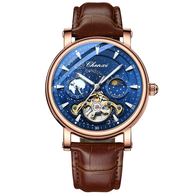 CHENXI 8872 Men's Luxury Genuine Leather Full Automatic Mechanical Watch Hollow Out Waterproof Luminous Tourbillon Oval Sport