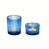 Lot de pots à bougies cylindriques en verre faits à la main, écologiques, bleus, côtelés, pour bougies votives et bougies chauffe-plat, pour la maison, Noël, Pâques