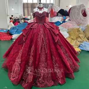 Vestido de noche rojo Mc038 con cordones en la espalda, adornos de lentejuelas y borlas, apliques de encaje, vestido de quinceañera Jancember - Product Image 4