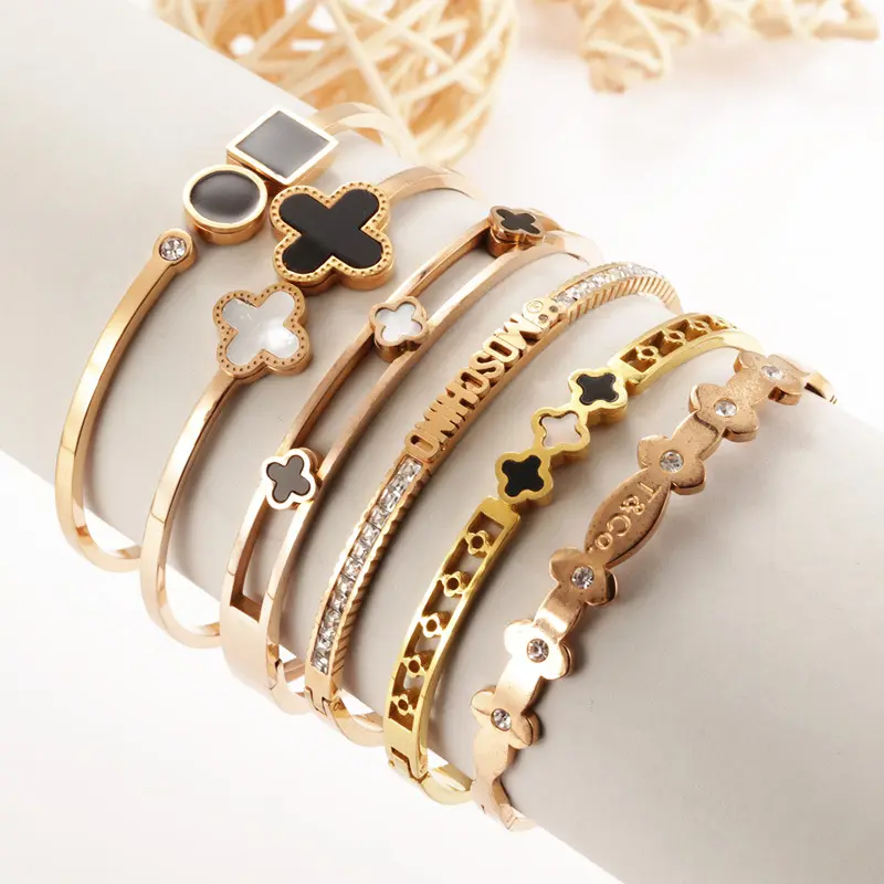 Luxury Fashion Famous Brand Shamrock Lucky Gold Four Leaf Clover Bangle Cuff Bracelet Design Jewelry For Women And Girls