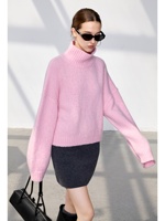 100% Reiner Kaschmir Vintage Anti-Falten Flauschiger Rollkragenpullover Grobstrick-Pullover für Damen Übergroß mit Abfallender Schulter und Gerippten Bündchen