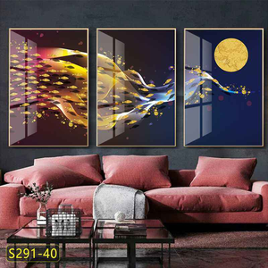 Tríptico Moderno Nórdico Abstracto, Impresión Digital en Lienzo, Arte de Pared con Geometría Dorada y Acuarela Azul, Tamaño Personalizado, Base de Papel - Product Image 1
