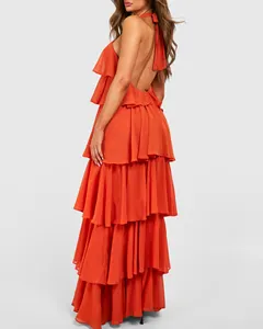 Custom New Hot Selling Women Chiffon Dress Orange Sleeveless V-neck Tie Maxi Dress Summer Dresses Women Casual