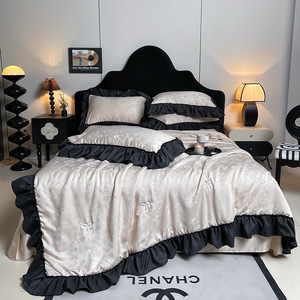 Parure de lit de luxe en soie lavée, motif papillon, bordure volantée noire, jacquard blanc, drap plat rafraîchissant et fin toutes saisons, taille Queen - Product Image 3