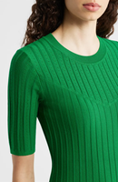 Robe midi côtelée verte tendance à col rond pour femme, coupe ajustée mi-manches, style A-line, élégante et décontractée pour l'été