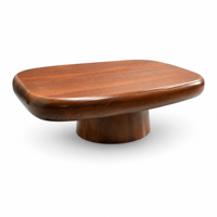 Table basse moderne en bois d'acacia avec plateau rebondi, base sur piétement, profil bas, meuble central pour salon et hôtel