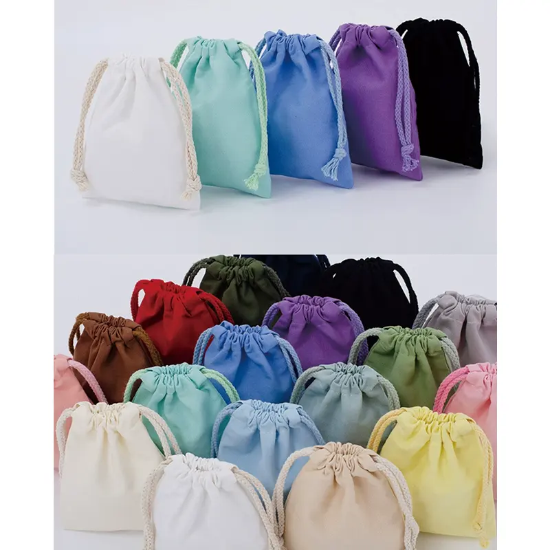 Saco de algodão pequeno colorido personalizado para presente, saco de cordão ecológico e reutilizável para embalagem de presente