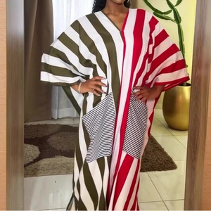 เดรสแม็กซี่ลายทางบล็อกสีสำหรับผู้หญิง - เดรสคอวีแขนทรงปีกค้างคาวพร้อมกระเป๋าแฟชั่น - Product Image 5