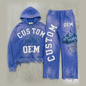 Boxy Applique Embroidery Vintage Distressed Worn Out OEM Custom Print 400 GSM Heavyweight Oversized Men's Hoodie Two-piece Set - Product Image 1