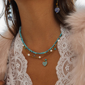 Collier en perles turquoise avec accents dorés en acier inoxydable, style classique, bijoux - Product Image 2