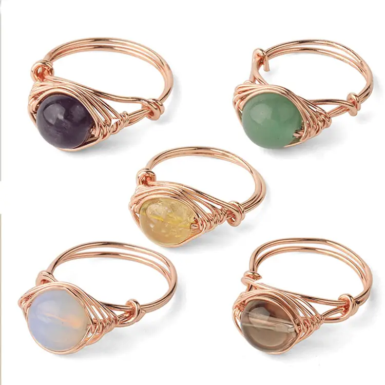 Rose Gold Plated Gemstone Rings Women Natural Healing Stone Rose Quartz Amethyst Opal Ring Wire Wrapped Carnelian Crystal Ring