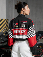 Jaket pengendara sepeda kustom model wanita, atasan kerah berdiri sambungan bercetak bordir pendek jaket wanita